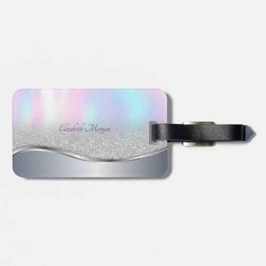Moderner Silver Glitzer Bokeh, Holografie, Monogra Gepäckanhänger (Rückseite horizontal)
