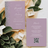 Moderner Silver Glitzer Dusty Lilac QR Code Weddin Einladung