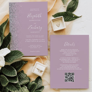 Moderner Silver Glitzer Dusty Lilac QR Code Weddin Einladung