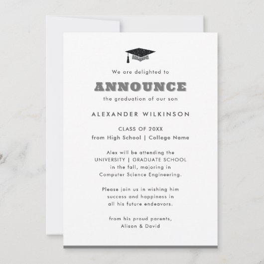 Moderner Silver Glitzer GRAD Cap Gown Abschluss Ankündigung (Rückseite)