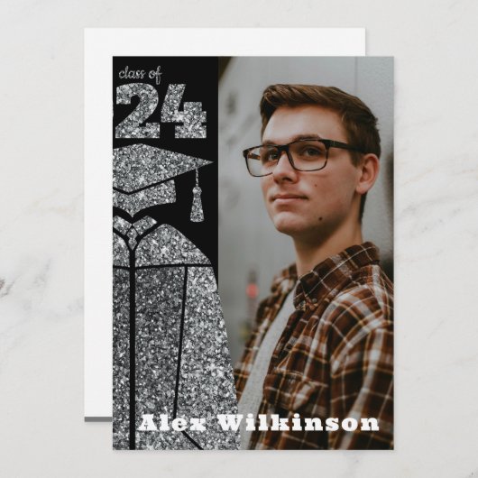 Moderner Silver Glitzer GRAD Cap Gown Abschluss Ankündigung (Vorne/Hinten)