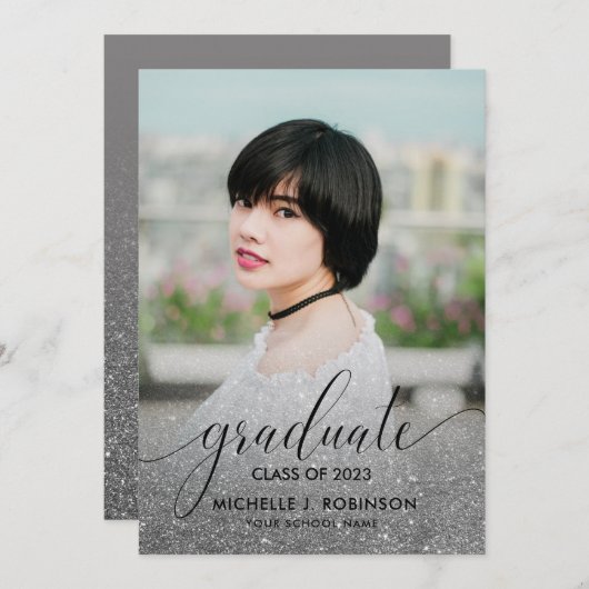 Moderner Silver Glitzer Ombre Girly Foto Abschluss Ankündigung (Vorne/Hinten)