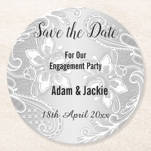 MODERNER SILVER LACE SAVE THE DATE UNTERSETZER (Vorderseite)