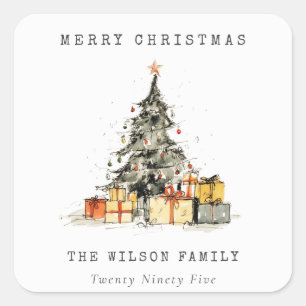 Moderner Sketchy Weihnachtsbaum gibt Foto Quadratischer Aufkleber