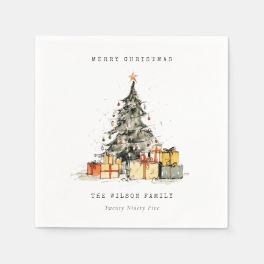 Moderner Sketchy Weihnachtsbaum Wasserfarbe Serviette (Vorderseite)
