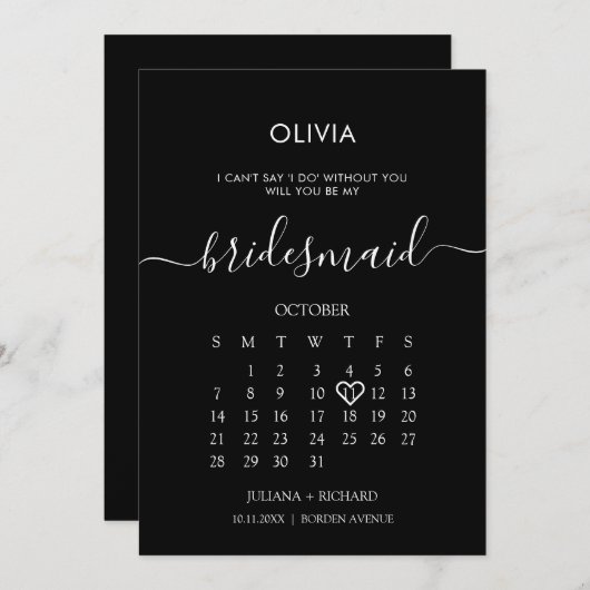 Moderner Skriptkalender Bridesmaid Schwarzer Vorsc Einladung (Vorne/Hinten)
