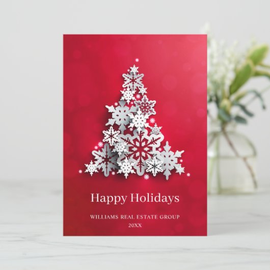 Moderner Snowflake Weihnachtsbaum Firmengrüßen Einladung (Stehend Vorderseite)