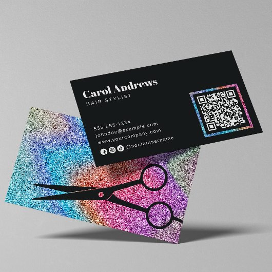 Moderner Sparkle Black Haarstudio-QR-Code Visitenkarte
