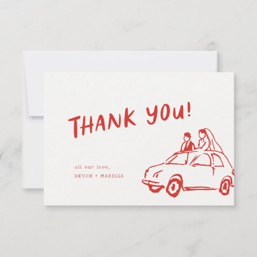 Moderner Spaß Funky Retro Red Wedding Dankeskarte (Vorderseite)