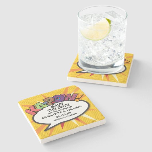 Moderner Spaß Save the Date Steinuntersetzer (Seitenansicht)