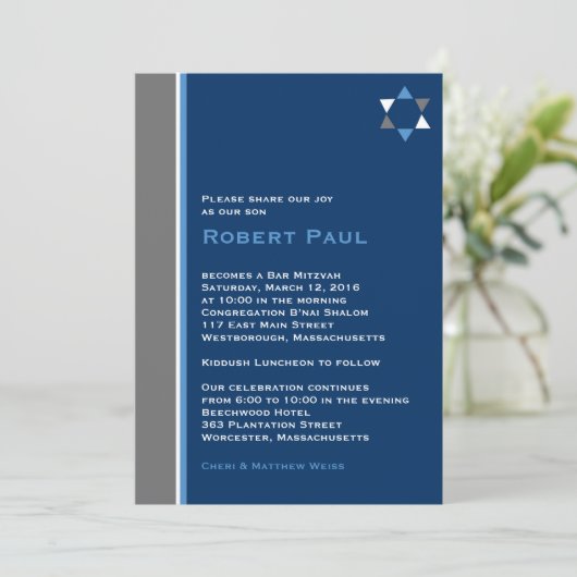 Moderner Star Bar Mitzvah Einladung (Stehend Vorderseite)