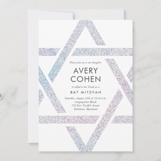Moderner Star Holographic Glitzer Bat Mitzvah Einladung (Vorderseite)