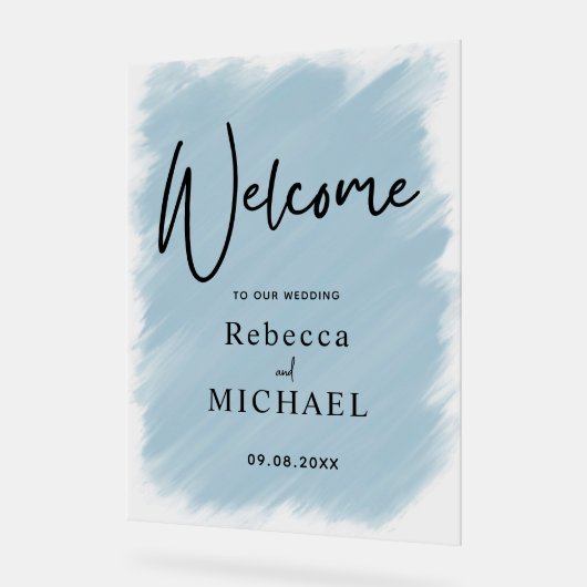 Moderner, staubblauer Hochzeitsempfang Acrylschild (Winkel)