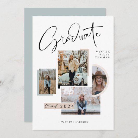 Moderner, stilvoller Abschluss Four Photo Collage Einladung (Vorne/Hinten)