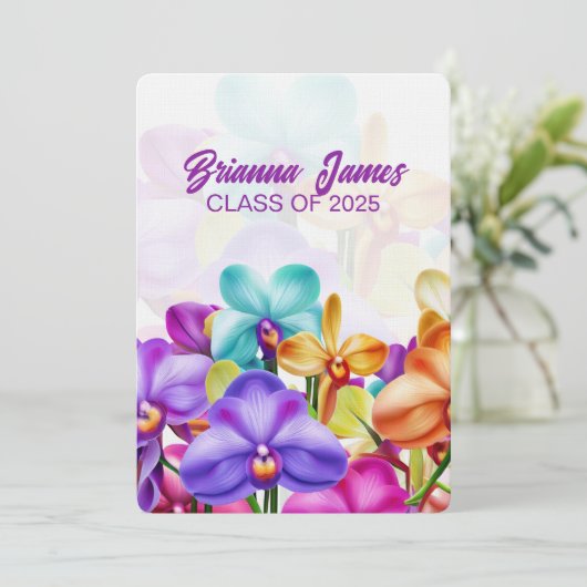 Moderner, stilvoller Abschluss mit Orchideen Einladung (Stehend Vorderseite)