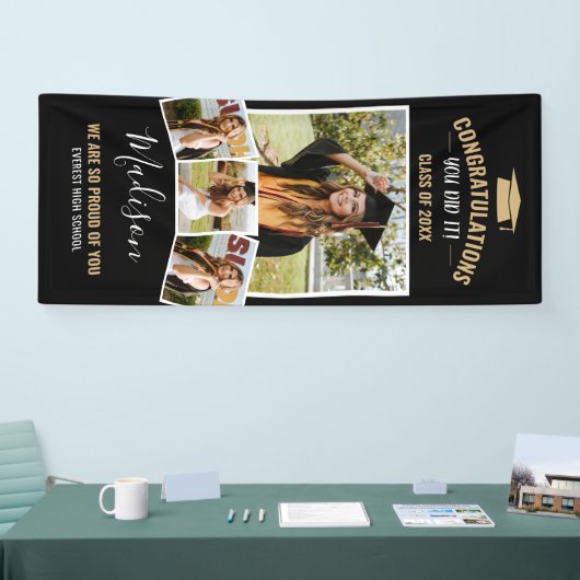 Moderner, stilvoller Black 4 Foto Collage Abschlus Banner (Messe)