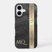 Moderner, stilvoller Black Leather Gold Foil Mit M iPhone 16 Hülle (Rückseite)