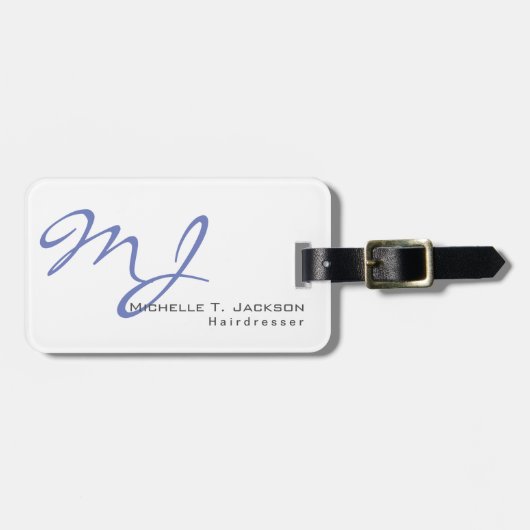 Moderner, stilvoller Monogram Blue White Friseur Gepäckanhänger (Vorderseite horizontal)