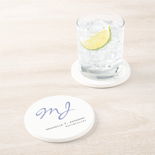 Moderner, stilvoller Monogram Blue White Friseur Getränkeuntersetzer (Seite)