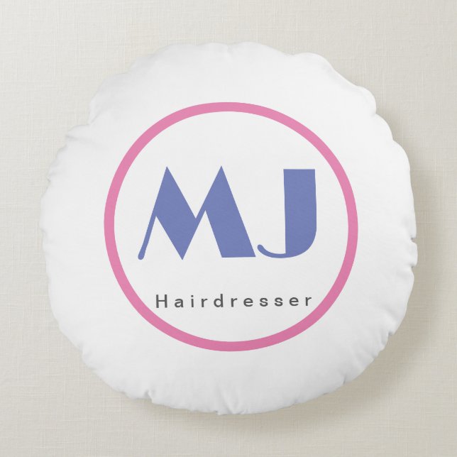 Moderner, stilvoller Monogram Blue White Friseur Rundes Kissen (Vorderseite)