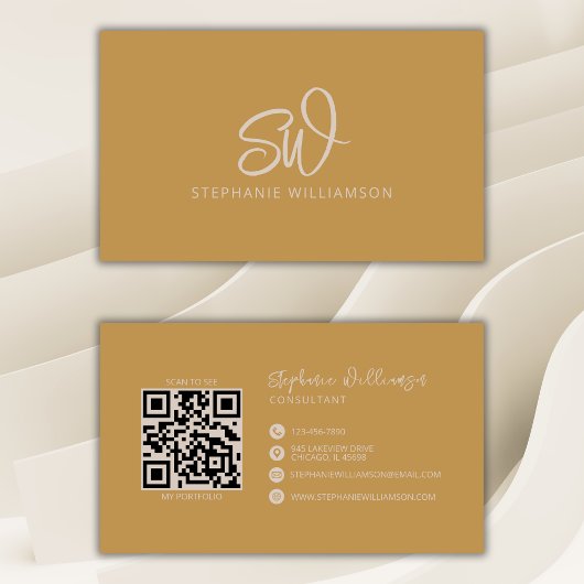 Moderner, stilvoller Monogram QR Code Minimal Gold Visitenkarte