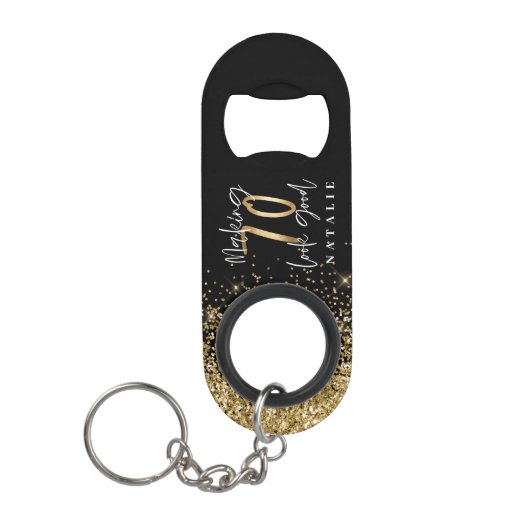 Moderner, stilvoller Schwarz & Gold Glitzer 70. Mini Flaschenöffner (Vorderseite)