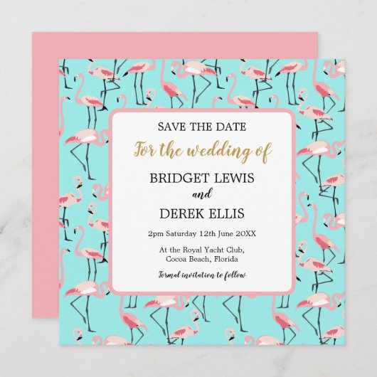 Moderner Strand Hochzeit Pink Blue Flamingo Save The Date (Vorne/Hinten)