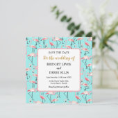 Moderner Strand Hochzeit Pink Blue Flamingo Save The Date (Stehend Vorderseite)