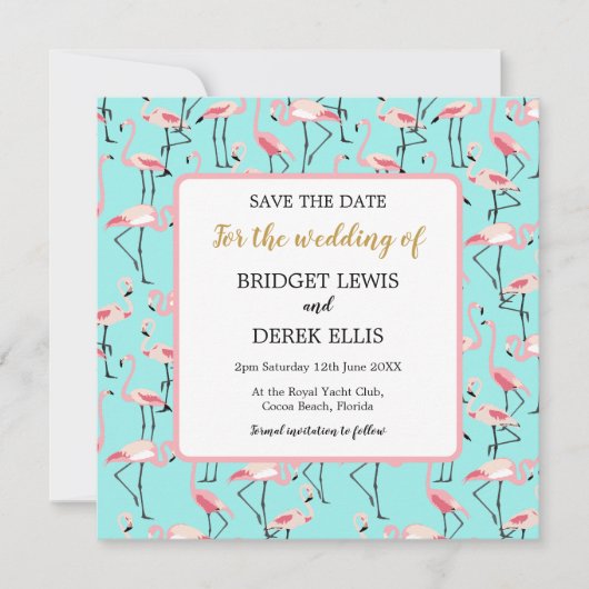 Moderner Strand Hochzeit Pink Blue Flamingo Save The Date (Vorderseite)