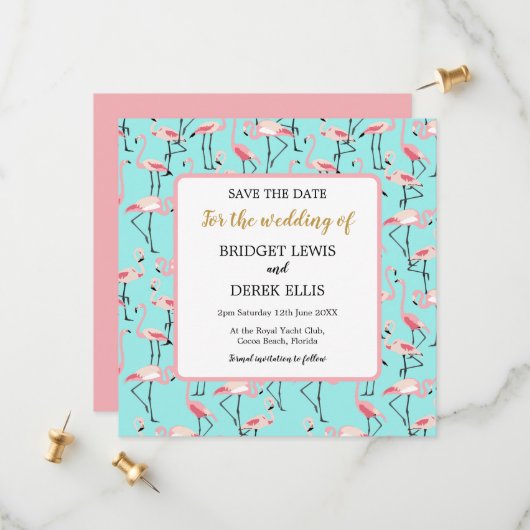 Moderner Strand Hochzeit Pink Blue Flamingo Save The Date (Vorderseite/Rückseite Beispiel)