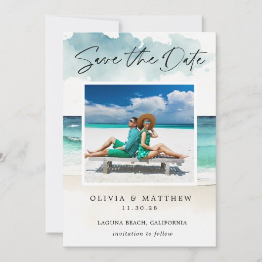 Moderner Strand mit Aquarellfarben Zwei Fotos Save The Date (Vorderseite)
