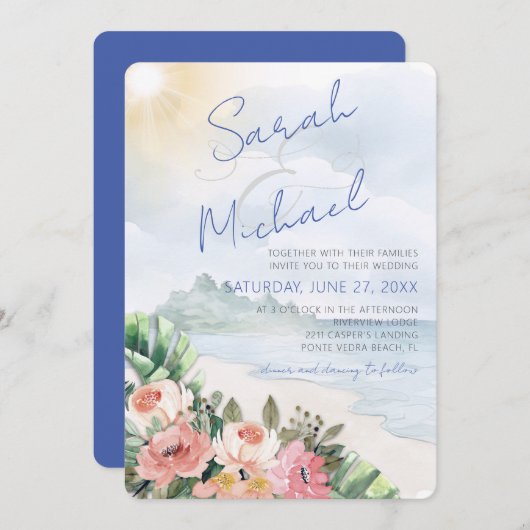 Moderner Strand und Einladung zur Hochzeit mit Blu (Vorne/Hinten)