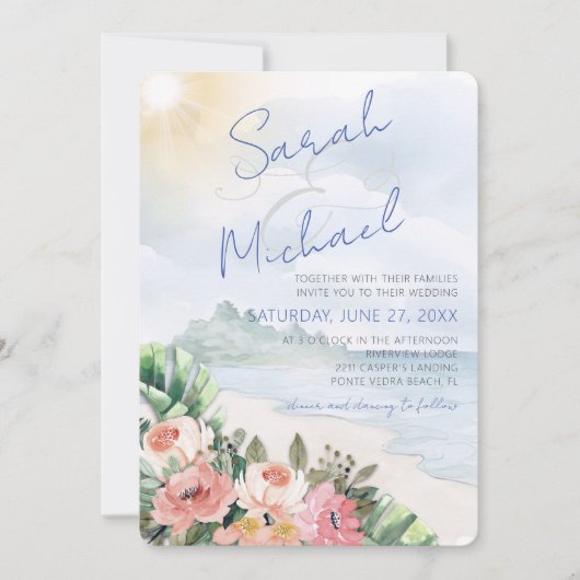 Moderner Strand und Einladung zur Hochzeit mit Blu (Vorderseite)