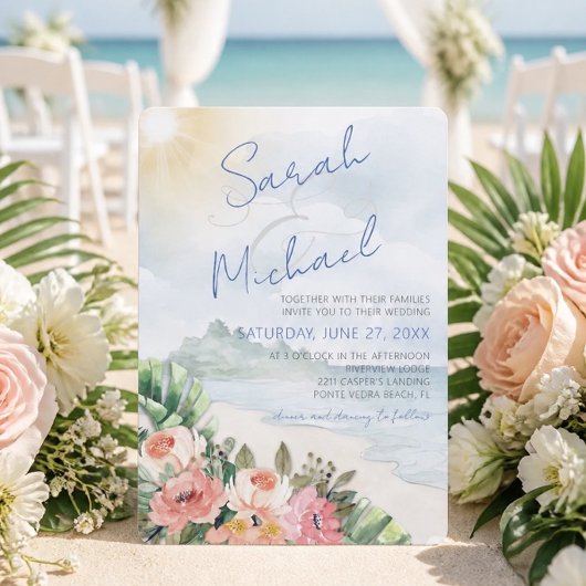 Moderner Strand und Einladung zur Hochzeit mit Blu