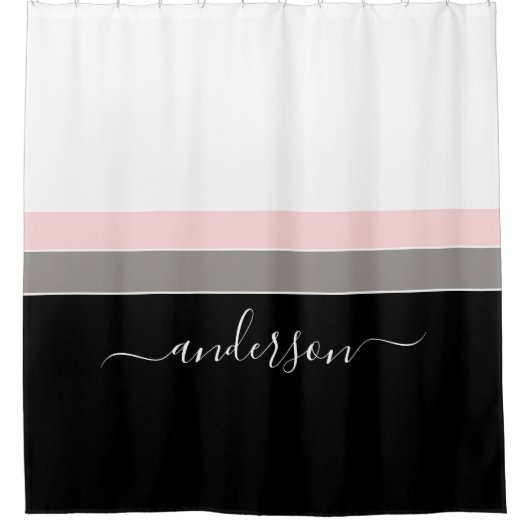 Moderner Streifen personalisiert Schwarz Rosa Duschvorhang (Vorderseite)