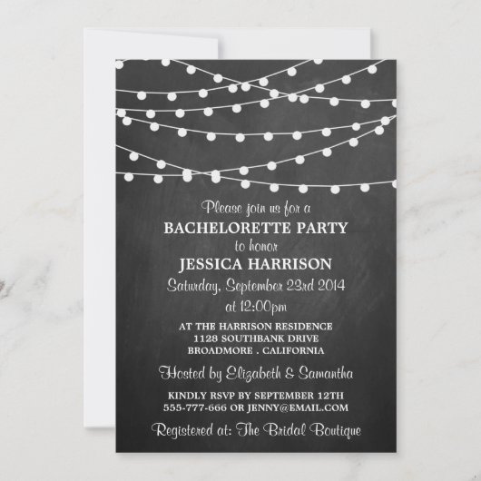 Moderner String Lights Chalkboard Junggeselinnen-A Einladung (Vorderseite)