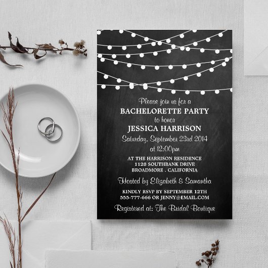 Moderner String Lights Chalkboard Junggeselinnen-A Einladung