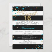 Moderner Stripe Glitzer Dots 16 . Geburtstag Gebur Einladung (Vorderseite)