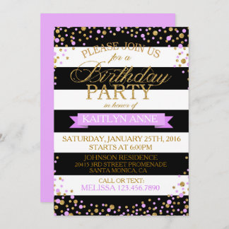 Moderner Stripe Lavender Gold Glitzer Dots Geburts Einladung