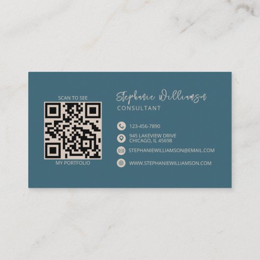 Moderner, stylischer Monogram QR Code Minimal Aqua Visitenkarte (Rückseite)