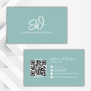 Moderner, stylischer Monogram QR Code Minimal Aqua Visitenkarte