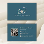 Moderner, stylischer Monogram QR Code Minimal Aqua Visitenkarte