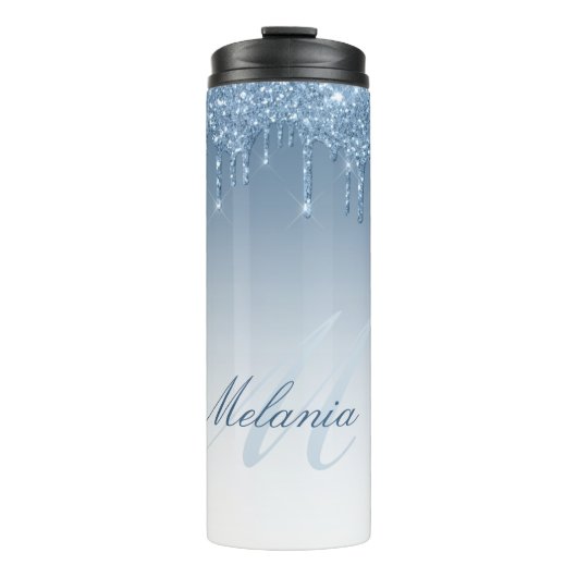 Moderner, stylischer monogramm blauer Glitzer Thermosbecher (Vorderseite)