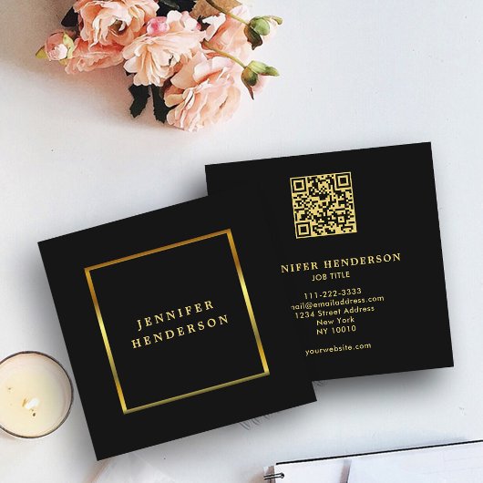Moderner, stylischer QR-Code in schwarzem Gold ber Quadratische Visitenkarte