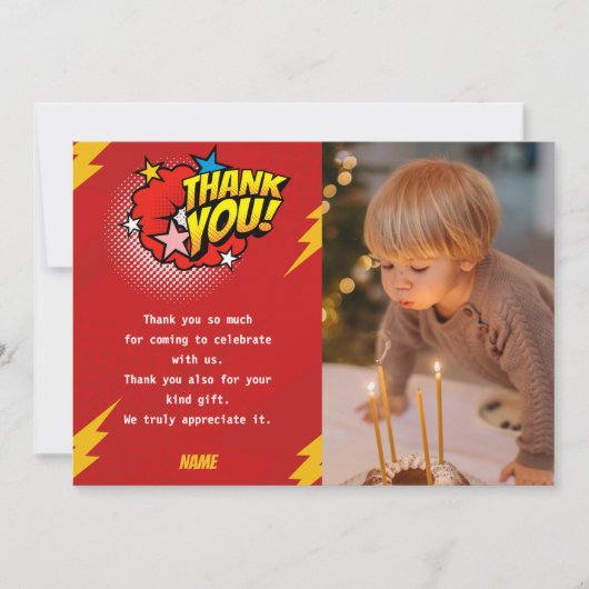 Moderner, Superhero-Foto-Geburtstag Dankeskarte (Vorderseite)