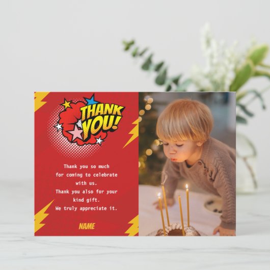 Moderner, Superhero-Foto-Geburtstag Dankeskarte (Stehend Vorderseite)