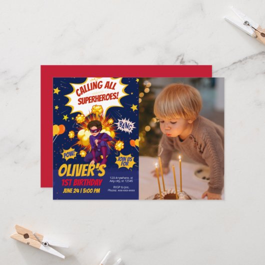 Moderner, Superhero-Foto-Geburtstag Einladung (Vorderseite/Rückseite Beispiel)