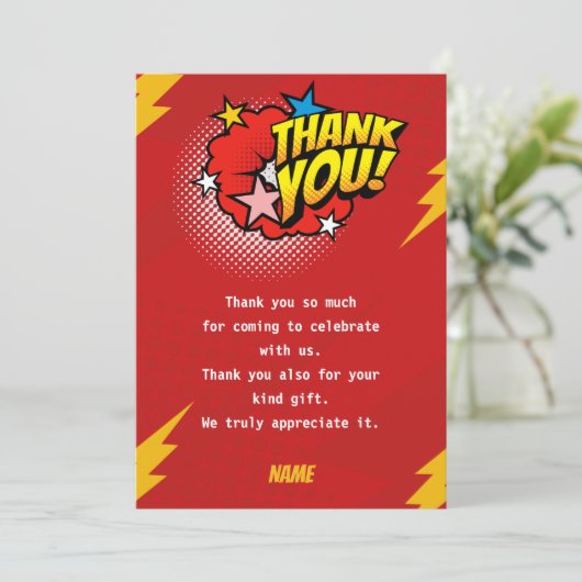 Moderner, Superhero-Geburtstag Dankeskarte (Stehend Vorderseite)