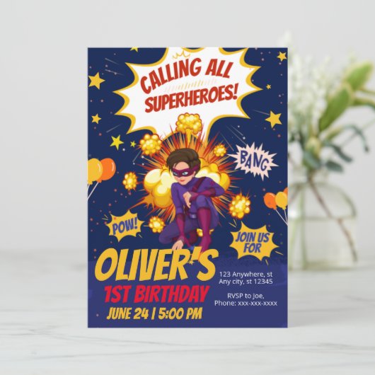 Moderner, Superhero-Geburtstag Einladung (Stehend Vorderseite)