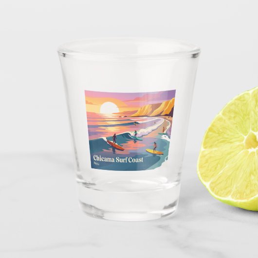 Moderner Surfer-Sonnenuntergang Chicama Peru Schnapsglas (Vorderseite)